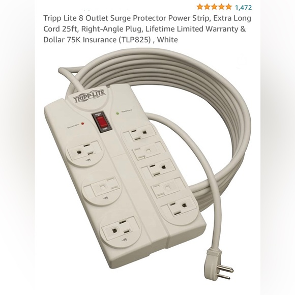 Tripp Lite TLP825 8-Outlet Surge Protector Power Strip, 25 ft. Cord, 1440 Joules - Picture 1 of 6